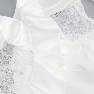 Close-up of elegant white floral lace and smooth satin fabric on this sexy backless dress