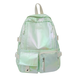 Green holographic laser backpack with multi-pocket design and glossy PU leather finish