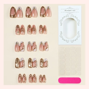 Star pattern almond press-on nails with 3D gold lines and kit in a white display box