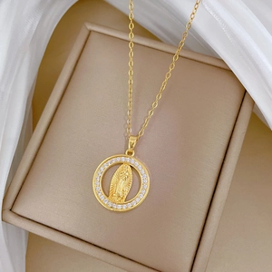 Golden titanium steel necklace with Guadalupe portrait pendant and sparkling crystals