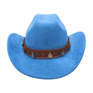 Detailed view of sky blue cowboy hat with woven ethnic band and vintage metal charms