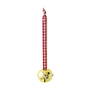 Golden Christmas bell with red and white checkered ribbon for tree holiday decoration