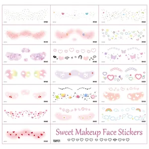 Set of 19 cute facial tattoo stickers featuring hearts, stars, and rainbow patterns