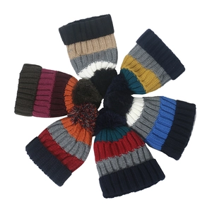 Striped Knitted Beanie Hat With Pom Pom Fleece Lined Thickened Winter Warm Outdoor Skiing Cap For Men Women Casual