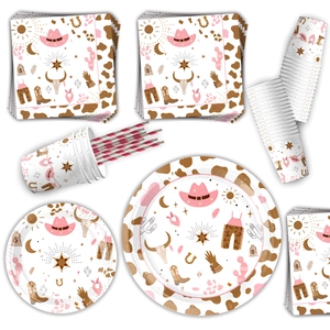 Pink western cowgirl party supplies set with themed plates cups and napkins for girls