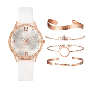 Orologio al quarzo da donna e set di 4 gioielli in oro rosa con cinturino bianco