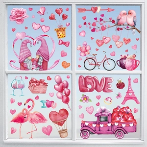 Valentine's Day gnome window clings set with love hearts and Eiffel Tower designs