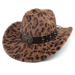 Leopard Print Cowboy Hat Faux Fur Western Retro Wide Brim With Riveted Leather Band And Steer Head Metal Buckle For Women