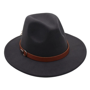 Detail of dark grey felt fedora featuring a brown leather band and silver metal buckle