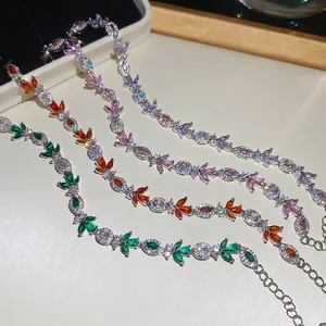 Elegant cubic zirconia leaf bracelets in four colors with adjustable silver chain