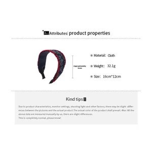 Detailed size specifications of the cloth headband with blue print and red lace trim