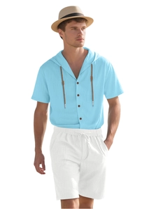 Front view of men's summer linen set with light blue hooded shirt and white drawstring shorts