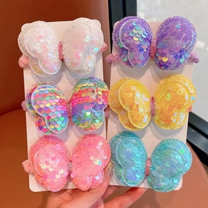 Set of 6 colorful sequin butterfly hair ties for girls with high elastic bands