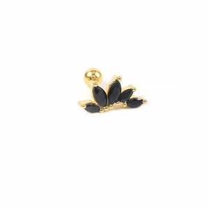 Detailed shot of golden crown stud earring with five black marquise-cut stones and ball back