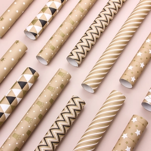 Brown kraft wrapping paper rolls with assorted geometric patterns for gift packaging