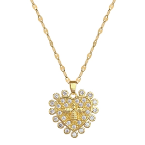Luxurious gold heart necklace with bee relief and sparkling zircon halo on flat link chain