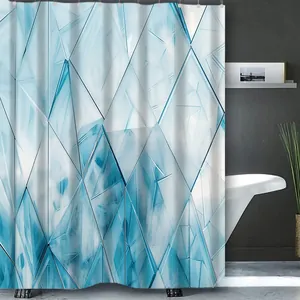 Modern waterproof bathroom curtain featuring blue geometric 3D crystal marble patterns