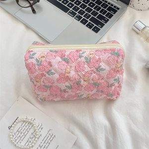 Detailansicht der gesteppten Kosmetiktasche mit Blumen- und Hasenmuster und Reißverschluss
