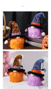 Detail of Halloween gnomes with sequin wizard hats, spider charms, and plush fangs decor