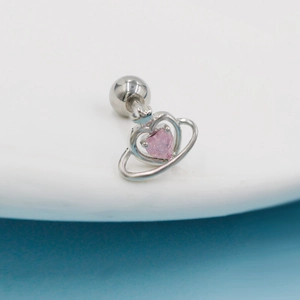 Polished heart planet stud earring with pink zircon and stainless steel finish