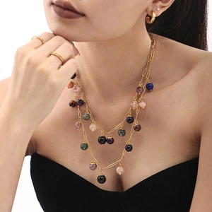 Bohemian double-layer gold chain necklace with colorful natural stone round pendants