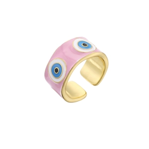 Pink enamel evil eye open ring in gold-plated adjustable design on white background