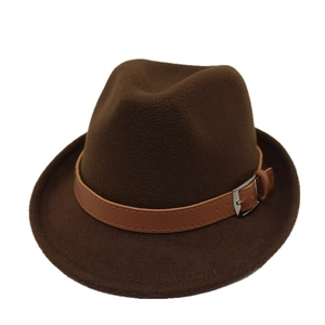 Classic dark brown wool fedora hat with camel faux leather belt for winter style