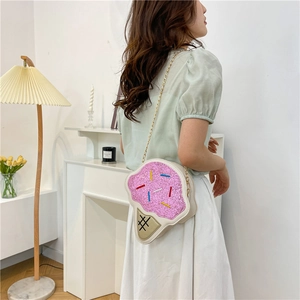 Cute cartoon ice cream cone crossbody bag for women with pink glitter and gold chain strap