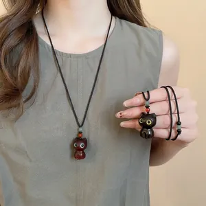 Cute Cartoon Cat Pendant Necklace Handmade Wood Glass Beads Adjustable Woven Rope Chain Retro Style Gift For Women