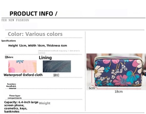 Detail view of triple-zipper waterproof floral canvas pouch with 18x12x6cm dimensions