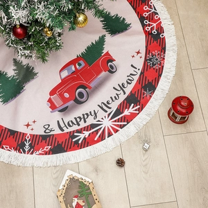 Linen Christmas tree skirt with red car pattern, plaid border and white tassels