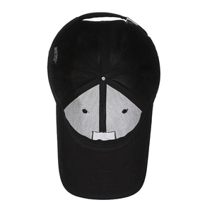 Internal view of black cotton baseball cap showing six-panel structure and washing label