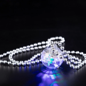Luminous disco ball pendant necklace with glowing blue and green light on silver bead chain