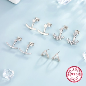 Minimalist S925 sterling silver stud earrings set with zircon and curved bar design