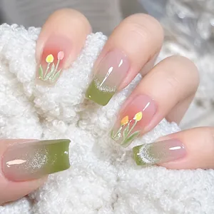Handgemaakte 3D Tulp Kunstnagels Groen Kattenoog Kleurverloop Herbruikbare Luxe Fake Nails Bloemen Franse Stijl Voor Dames