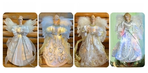 Detail showing four different lighting effects for a lace angel Christmas tree topper star