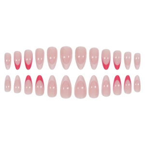 Almond-shaped French press-on nails set with red tips and nude pink gradient finish