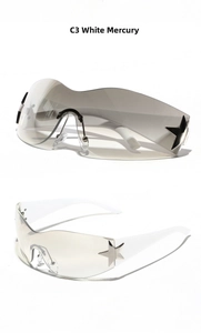 Detail view of silver star accents on rimless silver mirrored Y2K wrap sunglasses