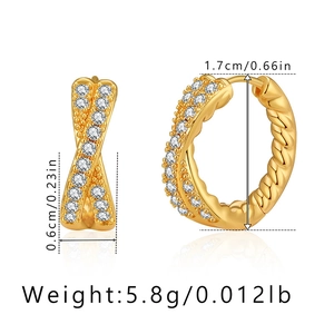 Detail view of 18K gold-plated brass hoop earrings with white zircon stones and size specs
