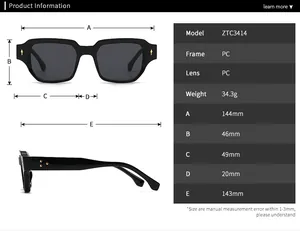 Detailed size chart for square retro sunglasses showing lens width and frame measurements