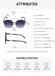 Size chart for square frame sunglasses showing frame width 144mm and PC metal materials