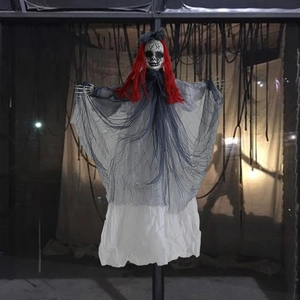 Macro detail of Halloween hanging ghost with red hair and scary cracked mask