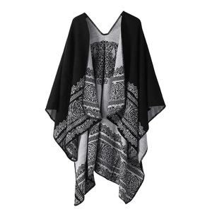 Double-sided black and grey plaid cashmere-like poncho shawl with tassels and trim