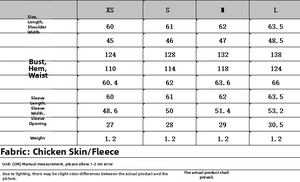 Detailed size chart for women's reversible jacket with measurements in centimeters