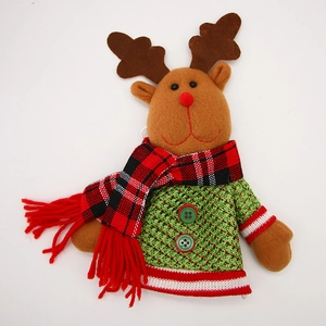 Christmas reindeer plush wine bottle cover with green sweater and red plaid scarf