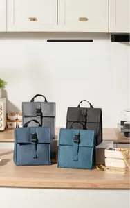 Detail of insulated lunch bag with buckle closure and handle in Morandi colors