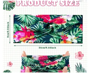 Size chart and stretch display of a tropical floral knotted elastic sports headband