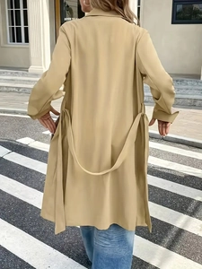 Elegant khaki long trench coat with waist tie and single-breasted detail for women