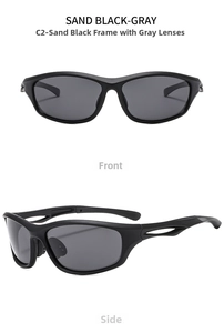 Front and side views of matte black sports polarized sunglasses with cutout temples