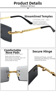 Detail of rimless square sunglasses featuring snake-shaped gold metal temples and grey lenses